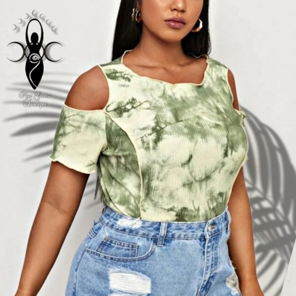 Plus Size ✦ Cold Shoulder Tie-Dye Tee ✦ Green/Cream Ribbed Lettuce Trim 4X NWT - Picture 1 of 7